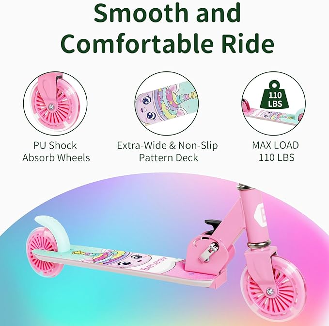 BELEEV V2 Scooters for Kids with Light-Up Wheels & Stem & Deck, 2 Wheel Folding Scooter for Girls Boys, 3 Adjustable Height, Non-Slip Pattern Deck, Lightweight Kick Scooter for Children Ages 3-12-CubbioJoy