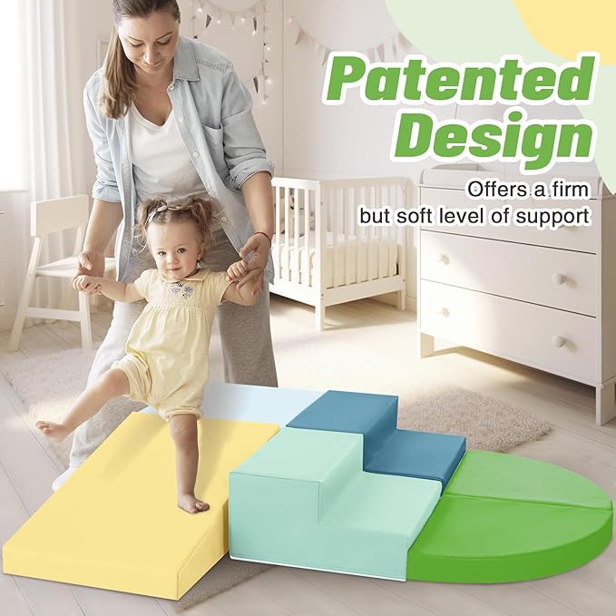 6-Piece Soft PU Leather Toddlers Climbing Toys, Baby Foam Climbing Blocks for Toddlers 3, Foam Play Gym Climbing Structures, Indoor Climb and Crawl Activity Play Set (Light Blue and Green)-CubbioJoy