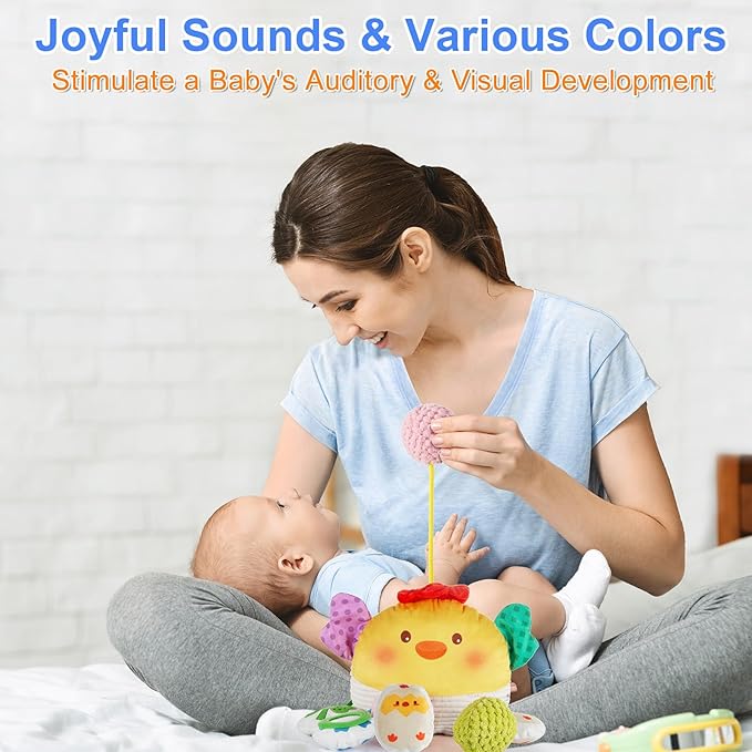 Car Seat Toy for Babies 0-6 Months, Stroller Toy with a Convenient clip, Carseat Toys Hanging Baby Accessories,Built-In Bell, Rattle,Squeaky,Mirror for infant,Babies Gift 0-3-6-12 months Boy Girl-CubbioJoy