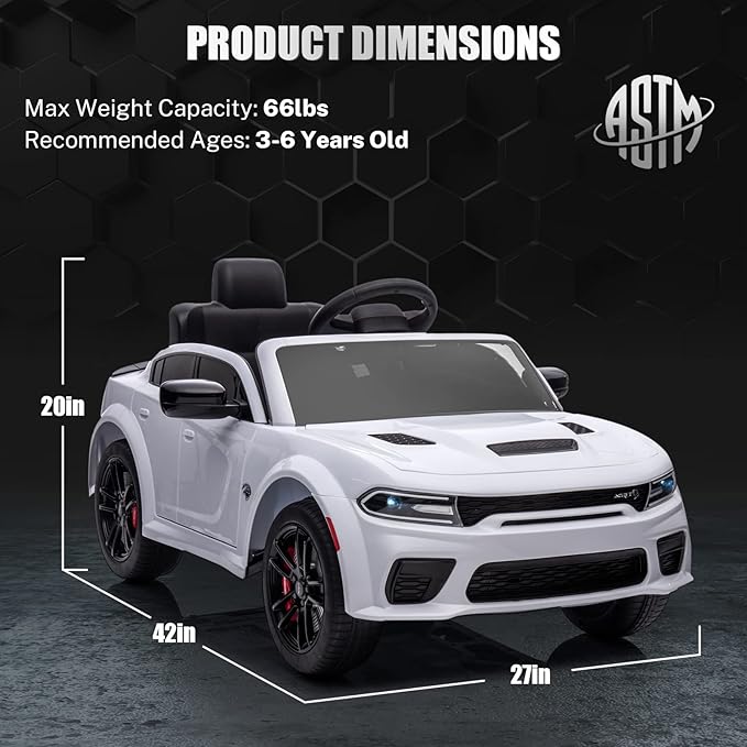 12V 7Ah Kids Electric Ride on Car, Licensed Dodge Charger SRT Hellcat, Battery Powered 4-Wheels Toy Car Electric Vehicle for Kids with Remote Control, 3 Speeds, LED Lights, Music (White)-CubbioJoy
