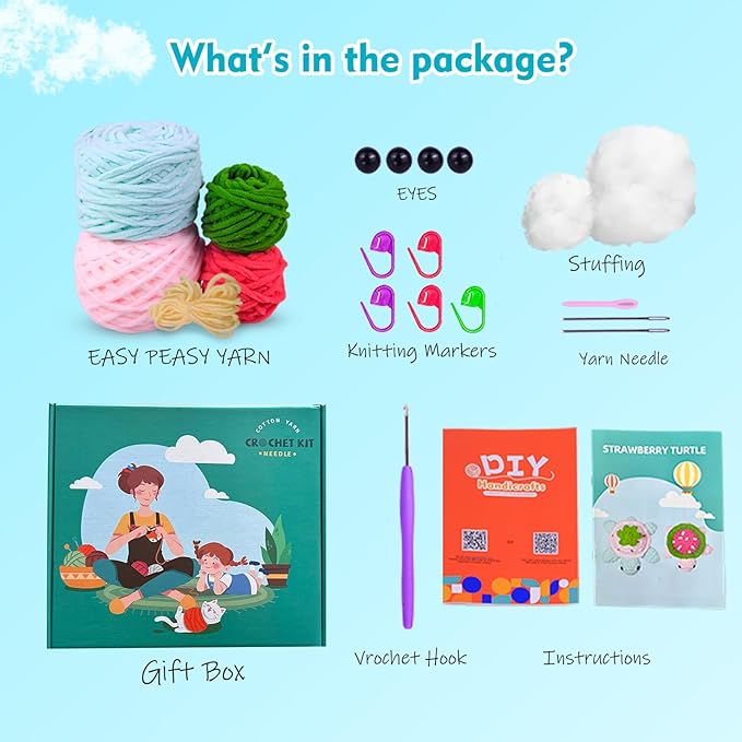 Crochet Kit for Beginners,Crochet Starter Kit with Step-by-Step Video Tutorials,DIY Crochet Animal Kits for Adults Kids,Complete Kit Included(2PCS Turtle)-CubbioJoy