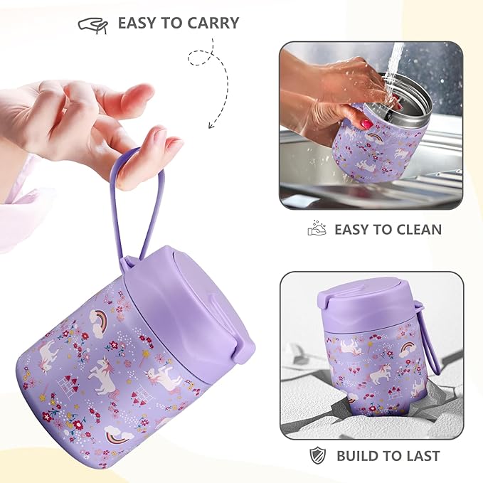 17oz Soup Thermo for Hot Food Kids Insulated Vacuum Food Jar with Stainless Steel Spoon Wide Mouth Thermo Leakproof Lunch Food Container Kids Hot Lunch Box (Purple-Horse)-CubbioJoy