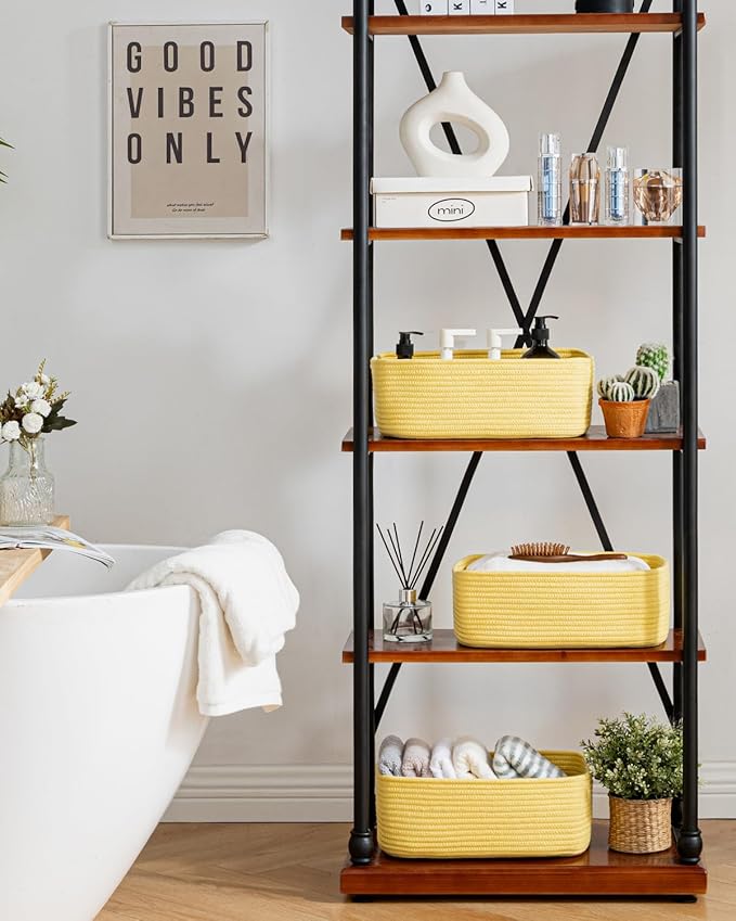 KALLAX Small Woven Basket, 13.5 x 9.5 x 5 Inches, Storage Basket for Organizing, Cute Small Rope Shelf Closet Cube Storage Bins Baskets for Shelves, Dog Toy Gift Baskets Empty, 3 Pack Yellow-CubbioJoy