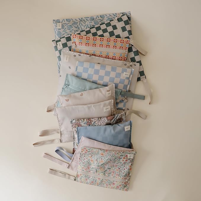 mushie Water Resistant Wet Bags | Large & Small Reusable Storage Bag for Baby Items and Travel | Zippered Pockets with Handle | Machine Washable, Set of 2 (Pastel Blooms)-CubbioJoy