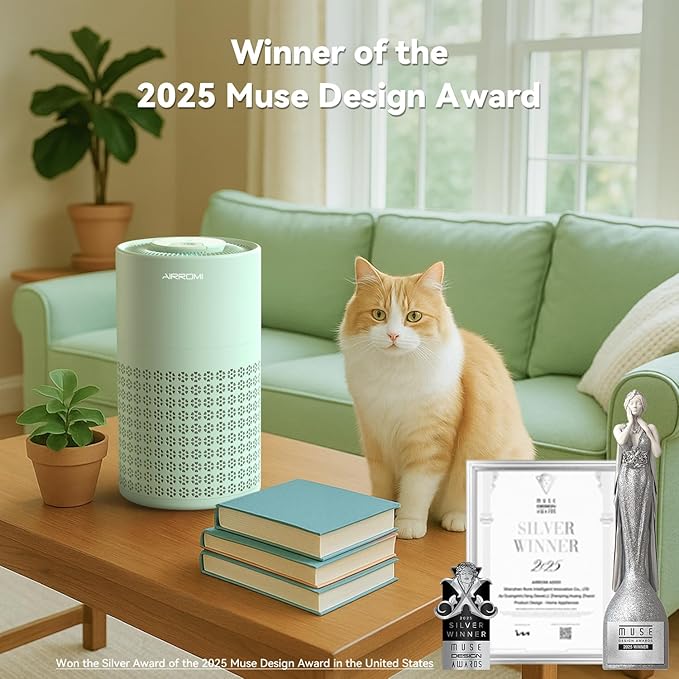 AIRROMI Air Purifier for Bedroom with HEPA 3-in-1 Filter, Pet Air Purifier for Home Cat Pee Smell, Covers Upto 990 Ft², Quiet 360°intake Air Cleaner for pet hair,allergies,Dust,Smoke A2001 Green-CubbioJoy