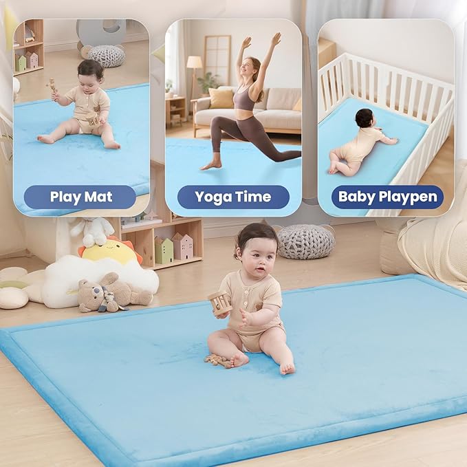 Baby Play Mat for Floor,1.3" Thick Memory foam Tummy Time Mat,Soft Coral Velvet Nursery Rug for Toddlers,Infants,kids,Extra Large Non Slip for Crawling,Tatami Style(Light Blue)-CubbioJoy