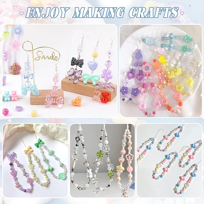 Assorted 400PCS 8 Colors Mixed Acrylic Beads for Bracelet Making, Flower Bow Butterfly GummyBear Aesthetic Bracelet Charms,Cute Beads for Jewelry Making DIY Necklace Keychain Phone Charm-CubbioJoy