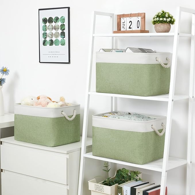 Bidtakay Large Fabric Baskets for Organizing [3-pack] Closet Organizers and Storage Baskets for Gifts Empty Foldable Nursery Baskets for Toy Storage 15 X 11 X 9.5 Inches (White&green)-CubbioJoy