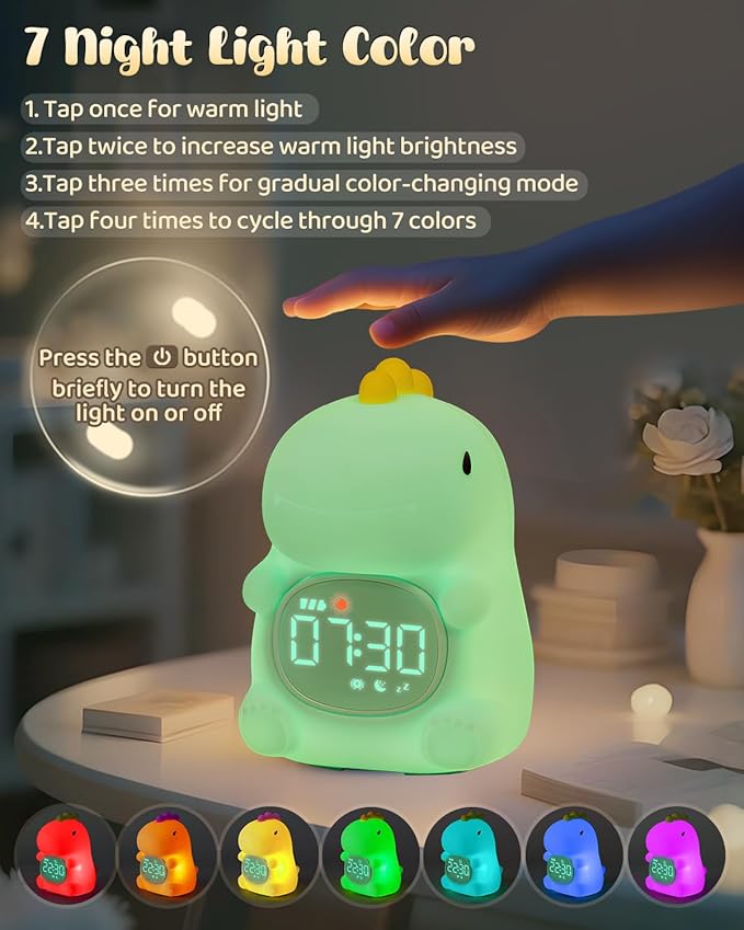 Dinosaus Alarm Clock for Kids with Night Light, Sleep Training Clock Time to Wake Clock, Rechargeable Silicone Light for Bedroom, Perfect Sleep Companion for Boys Girls-CubbioJoy