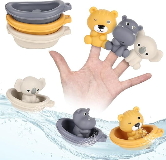 Bath Pool Toys for Toddler, Stacking Toys with 3 Boat 3 Sensory Finger Puppets, Toddler Toys Gifts for 2-4 Year Old Boy Girl, Model B-CubbioJoy