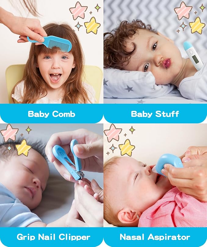 Baby Grooming and Healthcare Kit, Portable Baby Safety Care Set with Hair Brush Comb Nail Clipper Nasal Aspirator for Nursery Newborn Infant Girl Boy (25 in 1, Blue)-CubbioJoy