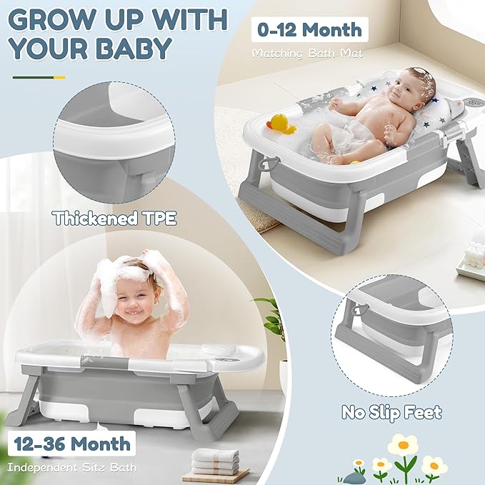 Collapsible Baby Bathtub,Baby Bath Tub with Thermometer & Soft Cushion,Baby Bathtub for Newborn to Toddler 0-36 Months,Portable Travel Baby Tub with No-Slip Feet,Baby Shower Gifts,Grey-CubbioJoy