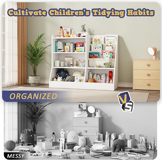 39" Large Kids Wooden Bookshelf and Toy Storage Organizer, Baby Bookcase with Sling Book Rack, Children Toddler Wooden Book Shelf for Kids Rooms, Playroom, Classroom, Nursery, School (White)-CubbioJoy