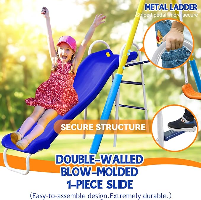 5-in-1 Backyard Swing Set for Kids Ages 3-8 | Outdoor Playset with Slide, 2 Safe Swing Seats, Basketball Hoop & Gymnastics Rings | Heavy-Duty HDPE & Steel Frame-CubbioJoy