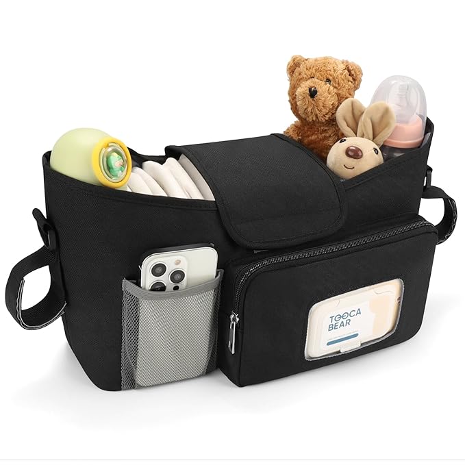 Accmor Universal Stroller Organizer with Insulated Cup Holder, Stroller Caddy Bag Accessories, Stroller Cup Holder Organizer for Uppababy Baby Jogger Britax Stroller, Black-CubbioJoy