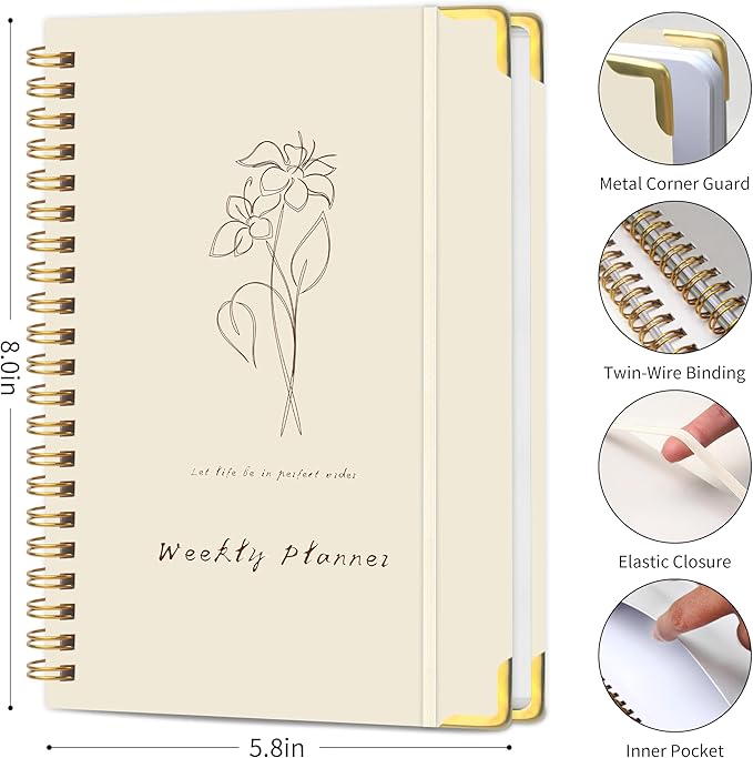 Undated Weekly Planner, Weekly To Do List Notebook with Goal & Habit Tracker Organizer, A5 5.8" x 8.0" Weekly Planner Notebook with Spiral Binding for Men or Women-CubbioJoy