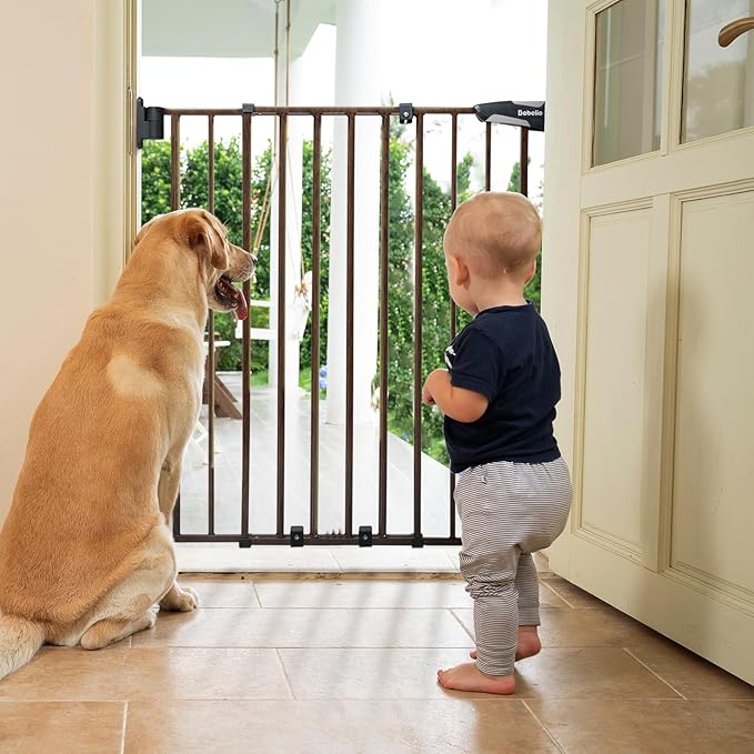 Babelio 34" Extra Tall Baby/Dog Gate with No Threshold Design Walk Thru Door, 26-43" Auto Close Safety Gate for Babies, Elders and Pets, Fits Doorways, Stairs, and Entryways, Black Wood Pattern-CubbioJoy