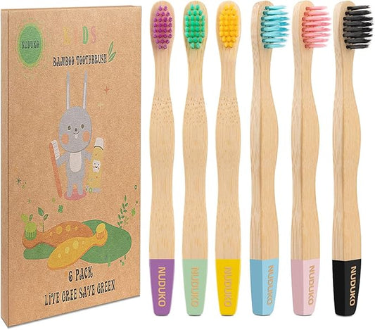 Bamboo Kids Toothbrushes (6 Pack) - Soft Bristle Organic Compostable BPA Free Toothbrush for Kids Toddler Baby Tooth Brush, Eco Friendly Natural Biodegradable Wooden Toothbrush-CubbioJoy