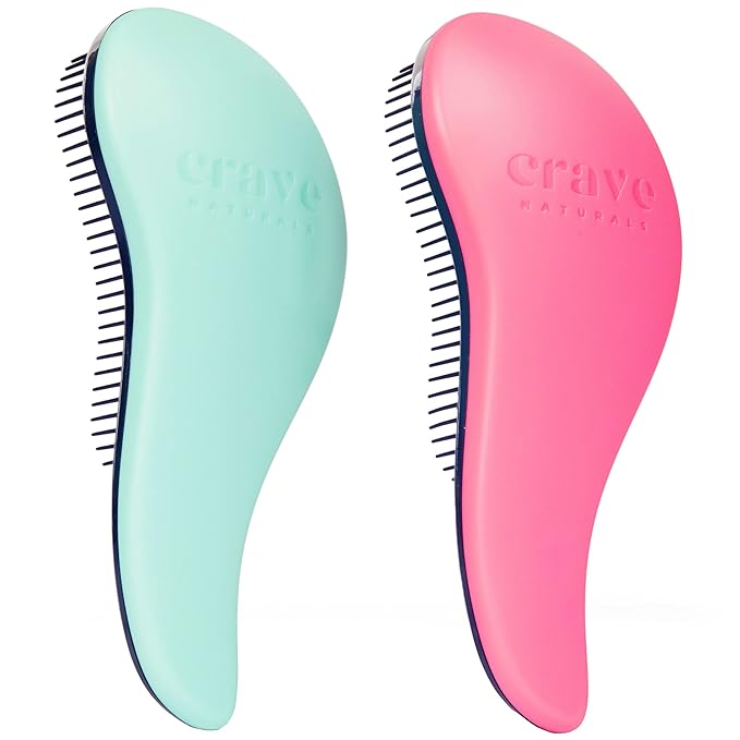 Crave Naturals Glide Thru Detangler Brush Pack of 2 - Curly Hair Brush for Women and Kids - Wet and Dry Comb for Adults - Soft Flexible Bristles for Gentle Use - Turquoise and Pink-CubbioJoy