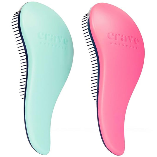 Crave Naturals Glide Thru Detangler Brush Pack of 2 - Curly Hair Brush for Women and Kids - Wet and Dry Comb for Adults - Soft Flexible Bristles for Gentle Use - Turquoise and Pink-CubbioJoy