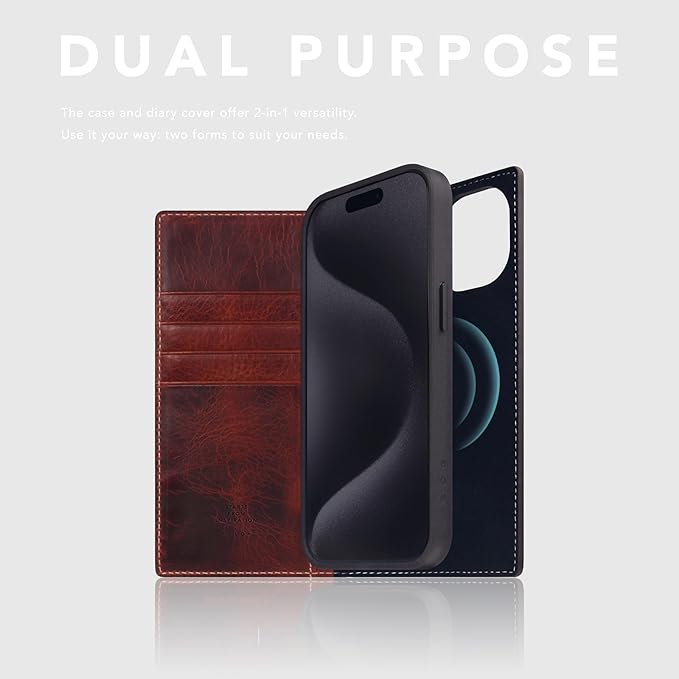 D7 Italian Wax Leather Wallet Case for iPhone 15 - [2-in-1] Handcrafted Detachable Diary Style with Magnetic MagSafe Back Cover, Gift Box Included (Brown)-CubbioJoy