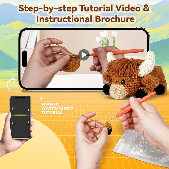 Crochet Kit for Beginners, Learn to Crochet, Include Easy Knitting Soft Yarn, Step-by-Step Video Tutorial, Hook, Holiday Birthday Gift for Adults and Kids(Highland Cow)-CubbioJoy