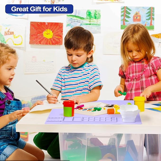 AWOKE Silicone Painting Mat - 20"X16" Silicone Art Mat with 1 Water Cup for Kids - Craft Mat has12 Color Dividers - 2 Paint Dividers (Purple)-CubbioJoy