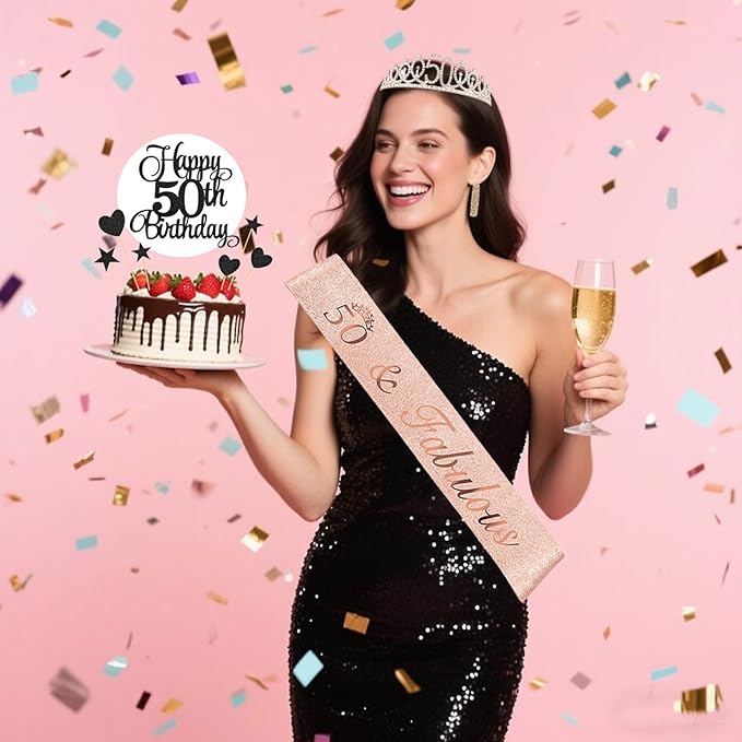 50th Birthday Decorations for Women - 56pcs Rose Gold Happy 50th Banner, 50th Birthday Crown Sash, Cake Topper, Number 50 balloons, 3D Butterflies, 4 Balloon Stands kits-CubbioJoy