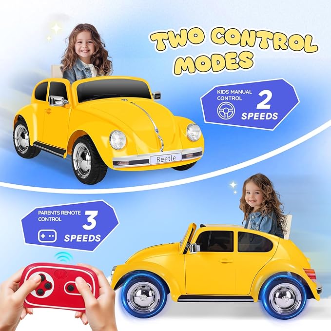 12V Kids Electric Car, Power Wheels with Remote Control, Ride on Car Toys with LED Light, 3 Speeds, Music, Yellow-CubbioJoy