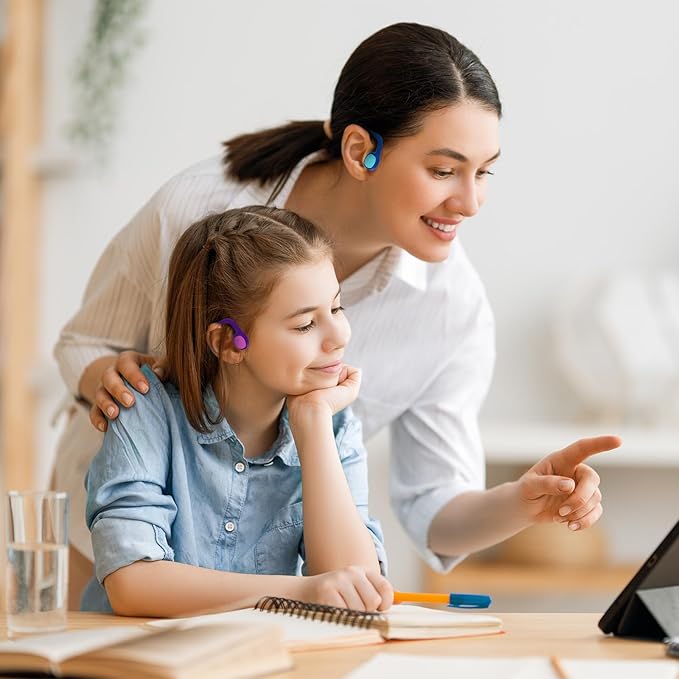 2 Pack Kids Headphones, Bluetooth 5.2 Air Conduction Open Ear Headphones, 85dB Volume Limiting, Stereo Sound with Mic, IPX5 Waterproof, 20H Playtime-Blue Purple-CubbioJoy