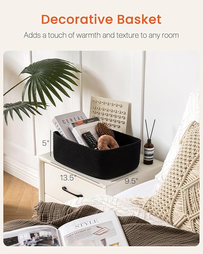 KALLAX Small Woven Basket, 13.5 x 9.5 x 5 Inches, Storage Basket for Organizing, Cute Small Rope Shelf Closet Cube Storage Bins Baskets for Shelves, Dog Toy Gift Baskets Empty, 3 Packs, Black-CubbioJoy
