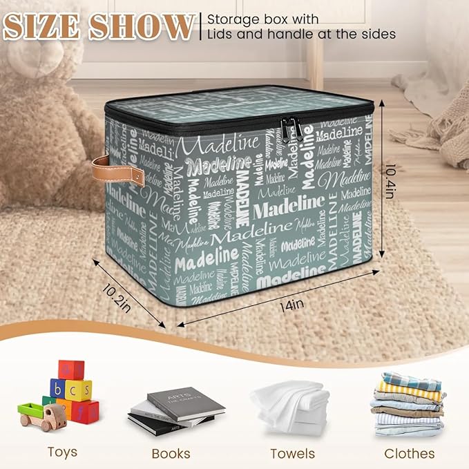 Custom Storage Basket with Name, Personalized Storage Bins with Zipper Lid, Foldable Fabric Storage Box Large capacity with Handle Gradient Grey Green-CubbioJoy