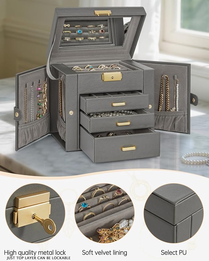 AKOZLIN 4-Tier Jewelry Box Leather Jewelry Storage Organizer with 3 Drawers Lockable for Women Girls Ring Necklace Earring Bracelet Holder with Mirror Dark Grey-CubbioJoy