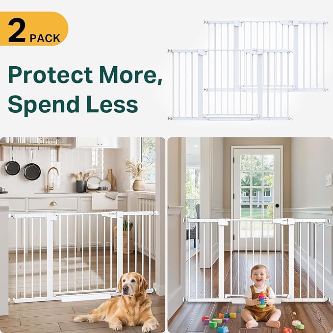 Cumbor 2 Pack 29.7-54.2" Baby Gate for Stairs, Mom's Choice Awards Winner-Auto Close Dog Gate for Doorways, Easy Install Pressure Mounted Pet Gate Indoor, Wide Safety Gate for Dog, White-CubbioJoy