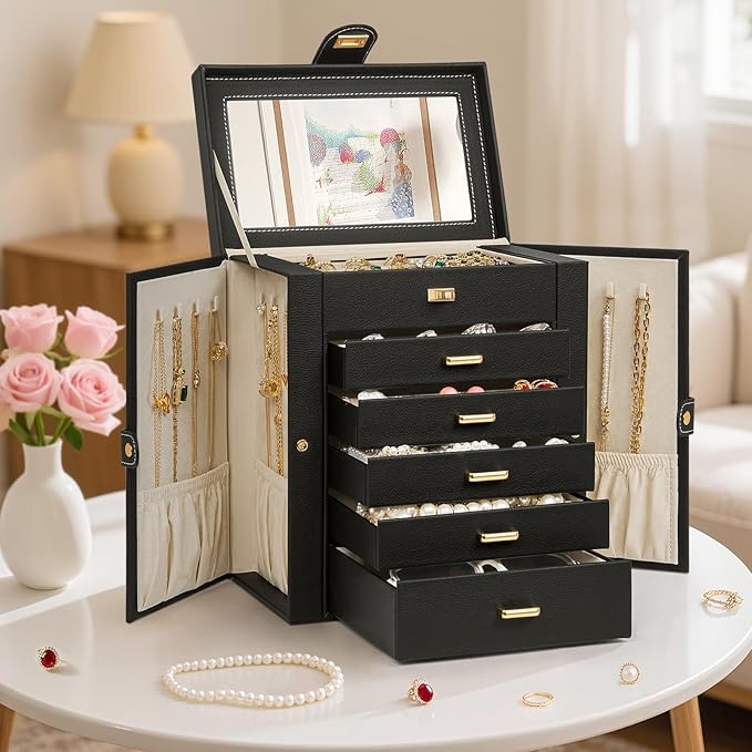 AKOZLIN 6-Tier Jewelry Box Organizer Functional 5 Drawers Leather Jewelry Storage Case for Women Girls Ring Necklace Earring Bracelet Holder Organizer with Mirror Black-CubbioJoy