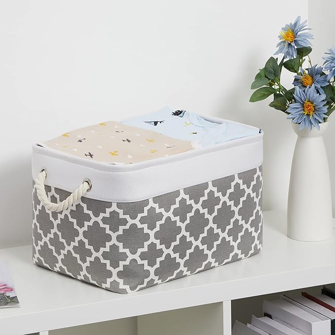 Bidtakay Basket Storage Bins Baskets for Organizing Set of 3 Collapsible Cloth Storage Linen Closet Organizer 15 X 11 X 9.5 Inches Large Foldable Baskets for Shelves (White&Quatrefoil Grey)-CubbioJoy
