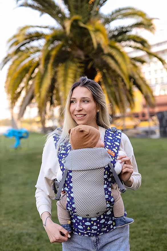 Beco Gemini Baby Carrier from Newborn to Toddler - Certified Ergonomic Newborn Baby Carrier for Infants and Children of 7-35 lbs - M Shape, Adjustable Seat, Breathable 3D Mesh (Cool Rain Drops)-CubbioJoy