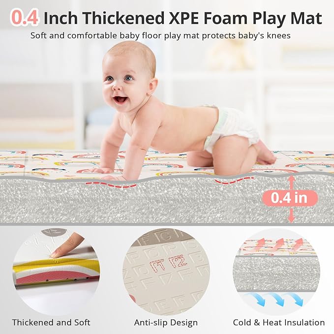 79 x 71 Baby Play Mats for Floor, Foldable Foam Play Mat for Babies 0-12 months,Thick & Waterproof Playmate for Baby, Non Toxic Baby Tummy Time Activity Playmat, Reversible Playpen Mat for Infant Toddlers-CubbioJoy