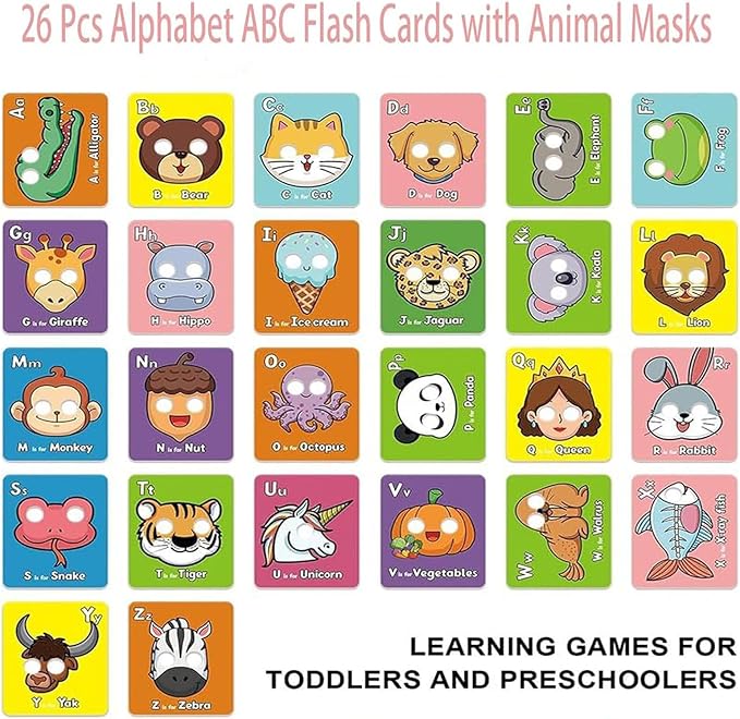 Alphabet Flash Cards,Giant ABC Animal Mask Flash Cards,with Animal Masks, Colorful Alphabet Mask Cards, Interactive Education Games (26pcs)-CubbioJoy