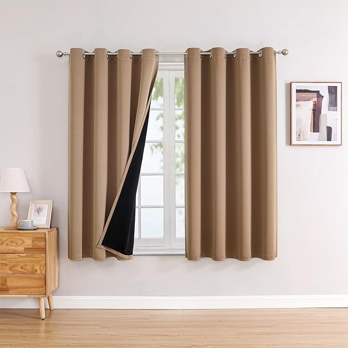 ChrisDowa 100% Blackout Curtains for Bedroom with Black Liner, 2 Thick Layers Total Blackout Thermal Insulated Grommet Window Curtains 2 Panels Set (Cappuccino, 52 x 63 Inch)-CubbioJoy