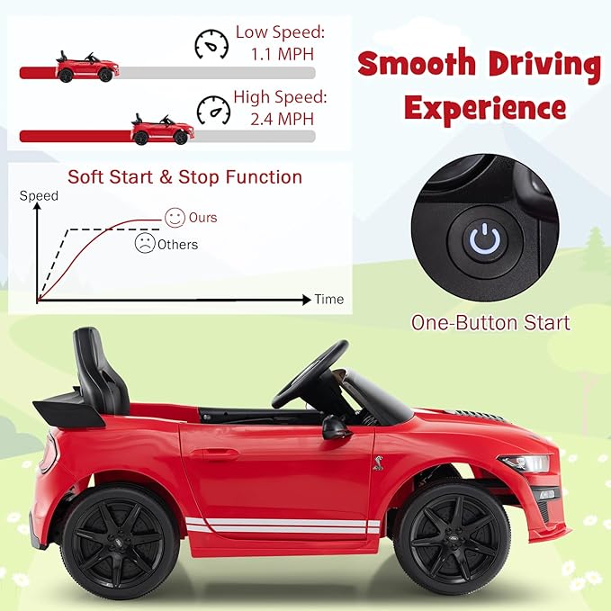 Costzon Ride on Car, 12V Licensed Ford Mustang Shelby GT500 Kids' Electric Vehicles w/Remote Control, USB Port, Radio, Music, Player, High Low Speed & Soft Start, Racing Kids Car for Toddlers (Red)-CubbioJoy