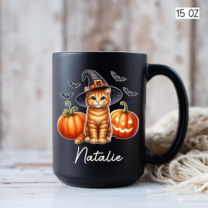 Custom Halloween Orange Tabby Coffee Cup, Personalized Name Orange Tabby with Pumpkins Ceramic Mug, Cat Witch Pumpkin Mug 11oz 15oz, Pet Cat Halloween Black Cup, Gift Idea for Pet Enthusiast-CubbioJoy
