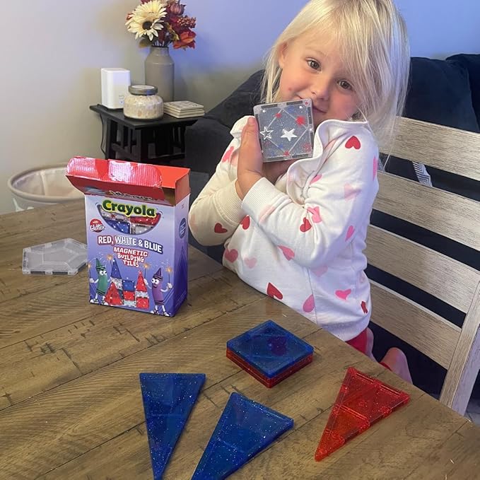 CreateOn Crayola Red, White & Blue Magnetic Tiles 14pc, Building Set for Kids, Magnetic Toy, Travel Toys, Classroom Sensory Toy Blocks, STEM & Montessori Tools for Boys & Girls Ages 3+, 14-Piece Set-CubbioJoy