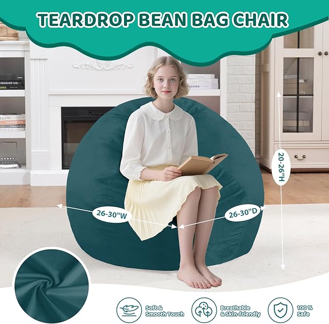 2FT Bean Bag Chair, Comfy Bean Bag Chairs with Memory Foam Filled, Fluffy Beanbag Sofa with Dutch Velvet Cover, Teardrop BeanBag Chairs for Living Room, Playroom - Sea Blue-CubbioJoy