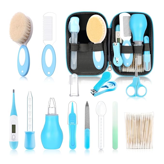 Baby Grooming Kit，Infant Safety Care Setwith Hair Brush Comb Nail Clipper Nasal Aspirator, Baby Essentials Kit for Newborn Girls Boys (14 PC-Blue Kit)-CubbioJoy