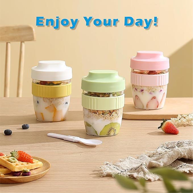 Breakfast On The Go Cups, Overnight Oats Containers With Lid And Folding Spoon, Take And Go Yogurt Cereal Snack Parfait Salad Containers For Lunch, Fruit & Vegetable Jar, 20 oz(Green)-CubbioJoy