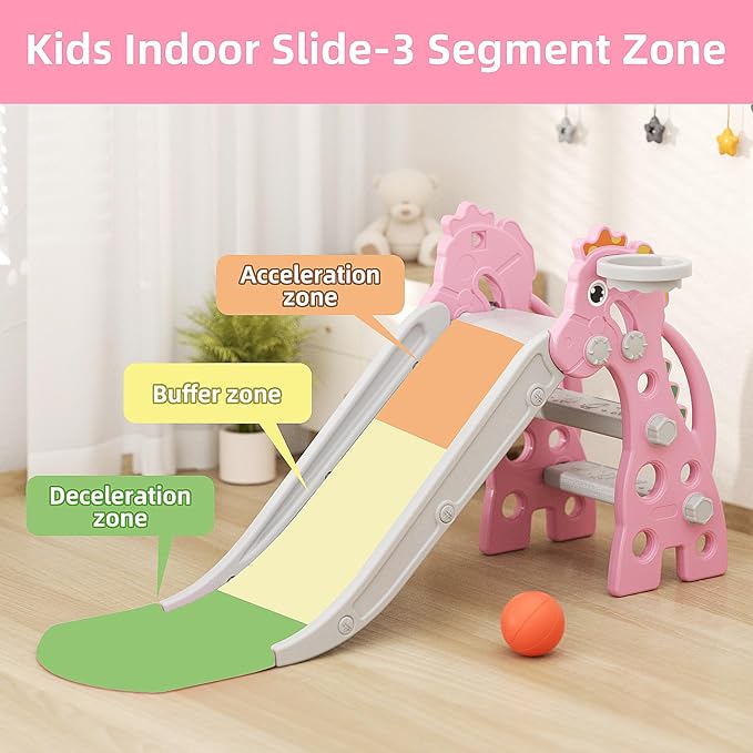 67i Toddler Slide for Indoor & Outdoor Play with Basketball Hoop, Anti-Slip Steps, 46.8in Baby Climber (Pink)-CubbioJoy