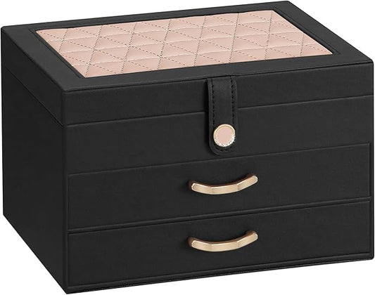 Black Jewelry Box Organizer: Home Decor for Women - 2-Drawer Holder for Valentine’s Day Birthday Christmas Black Pink-CubbioJoy