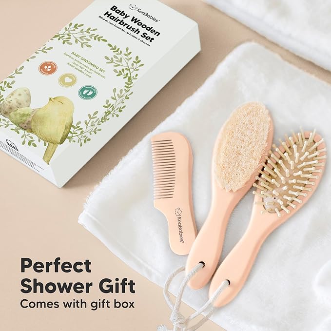 Baby Hair Brush and Comb Set for Newborn - Wooden Baby Hair Brush Set with Soft Goat Bristle, Baby Brush Set for Newborns, Baby Brush and Comb Set Girl, Boy, Toddler Cradle Cap Brush (Oval, Peach)-CubbioJoy