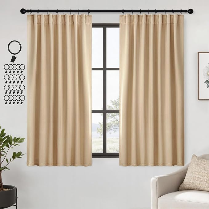 ANRODUO Back Tab Blackout Curtains for Bedroom Living Room, Rod Pocket Pinch Pleated Thermal Insulated Room Darkening Curtains 54 Inches Long 2 Panels, Beige, 42 x 54 Inch-CubbioJoy